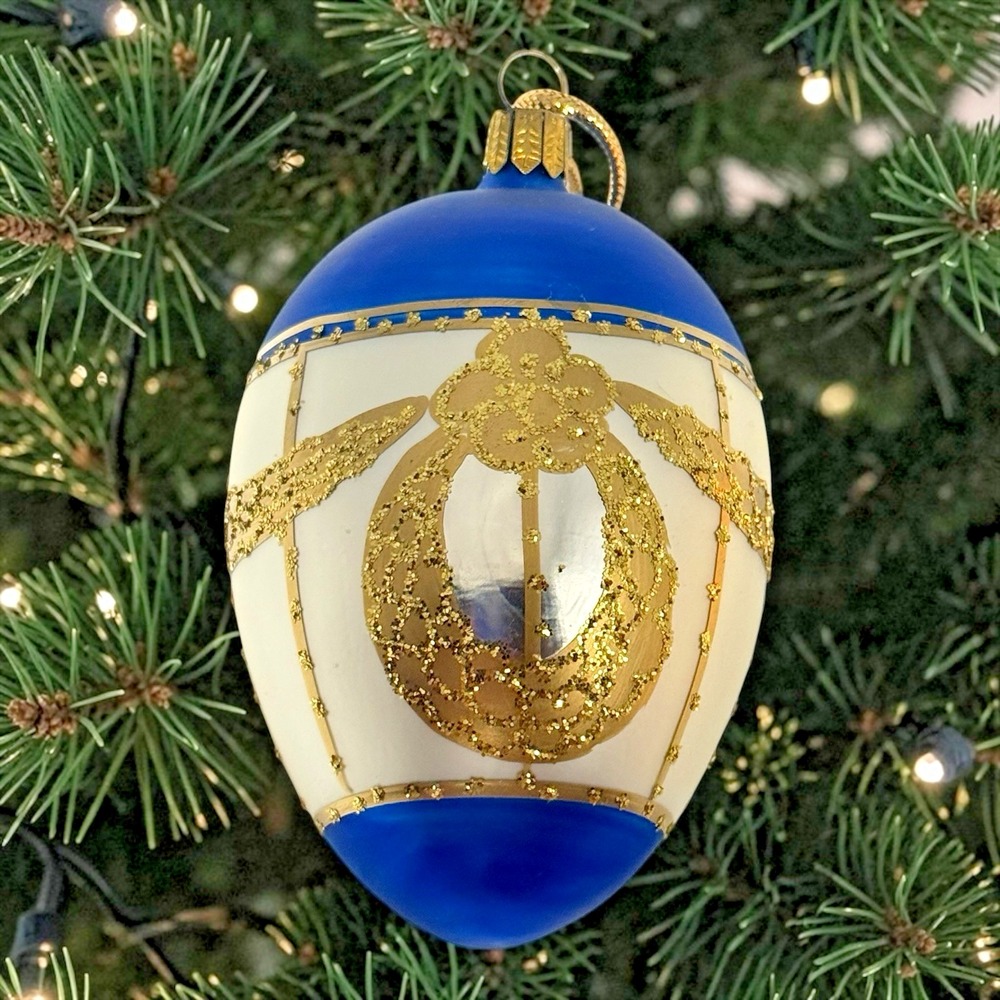 Whitehurst Germany Hand Painted Egg Blue White Gold Glass Ornament 4" Vintage